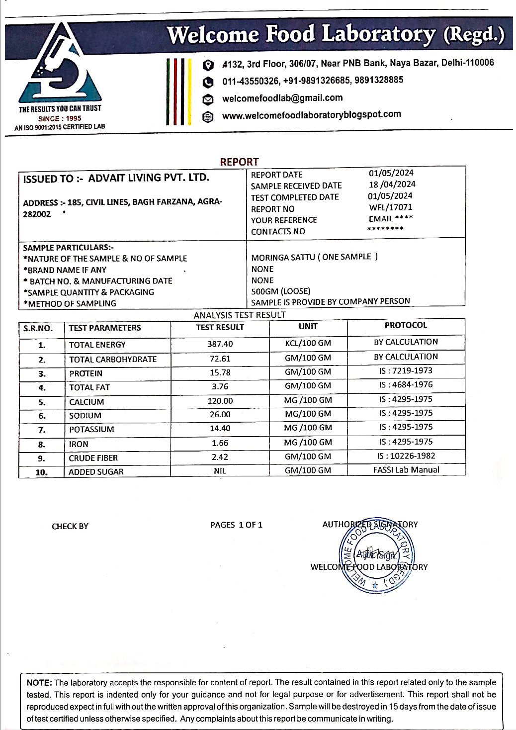 2024 Lab report of Advait Living Moringa Sattu Powder showing the total energy and individual nutrient composition.