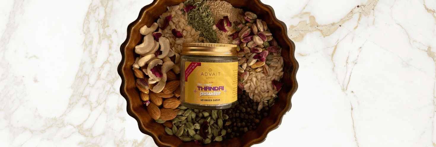 Unsweetened Thandai Powder in a bowl of spices, nuts and seeds