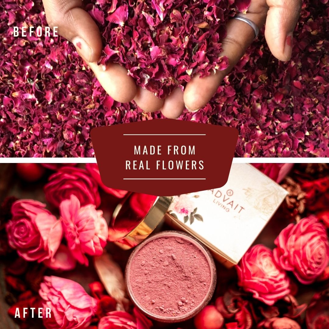 two images before and after showing roses and rose powder