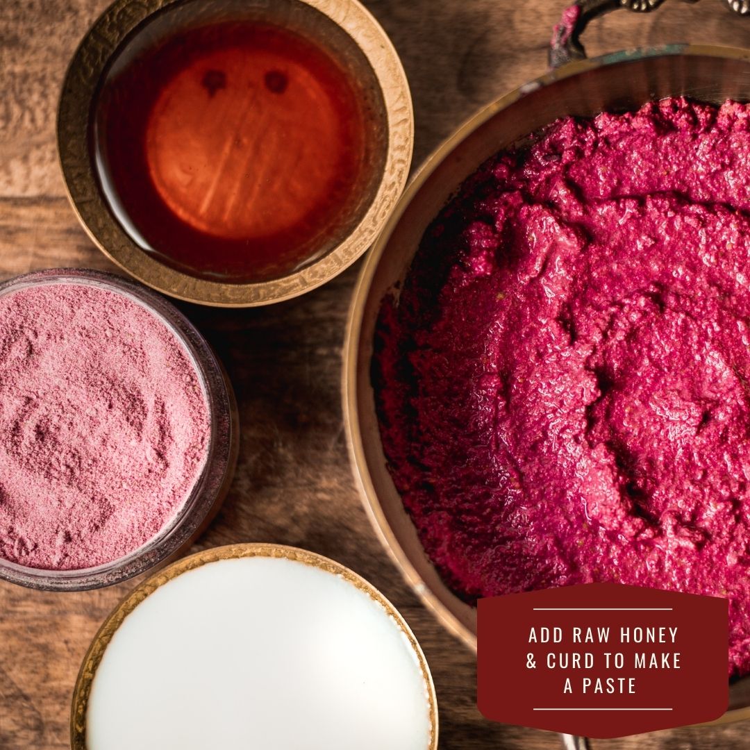 several bowls with rose paste, honey, rose powder and curd