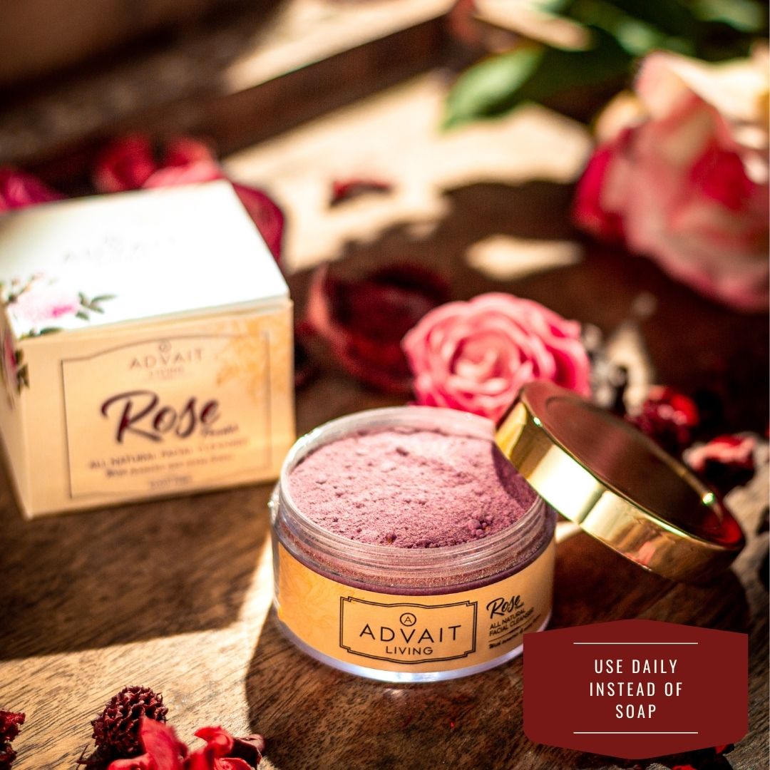 side shot of container and box with rose powder