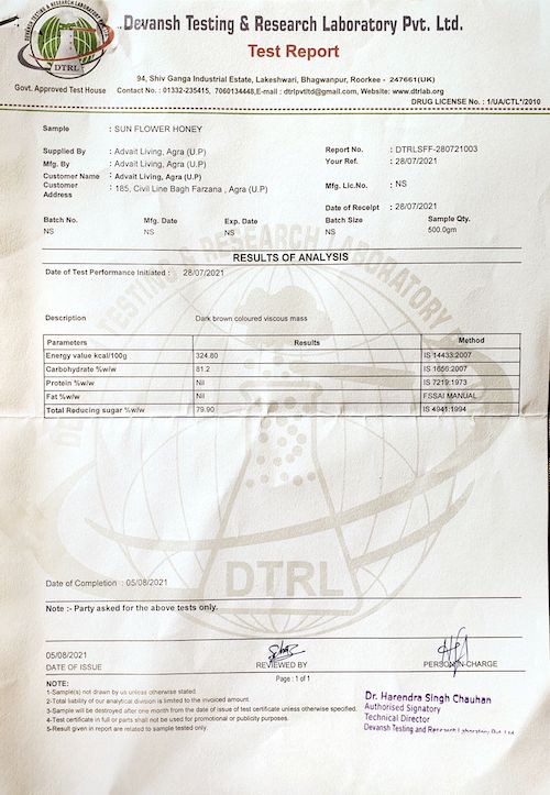 Lab Report from 2021 showing the results of the chemical analysis of Raw Sunflower honey sample.
