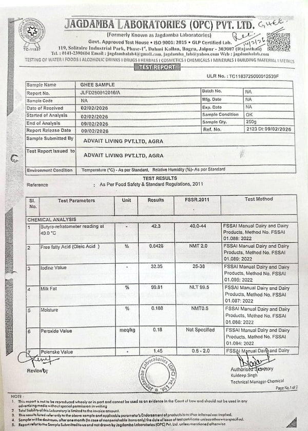 February 2026 Lab Test Report of A2 Desi Cow Ghee - Page 1