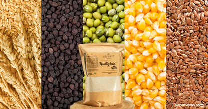 5 grains used in Advait Living Multigrain Atta: Whole Wheat, Black Chickpeas, Whole Green Gram, Corn (Makka) and Flaxseeds.