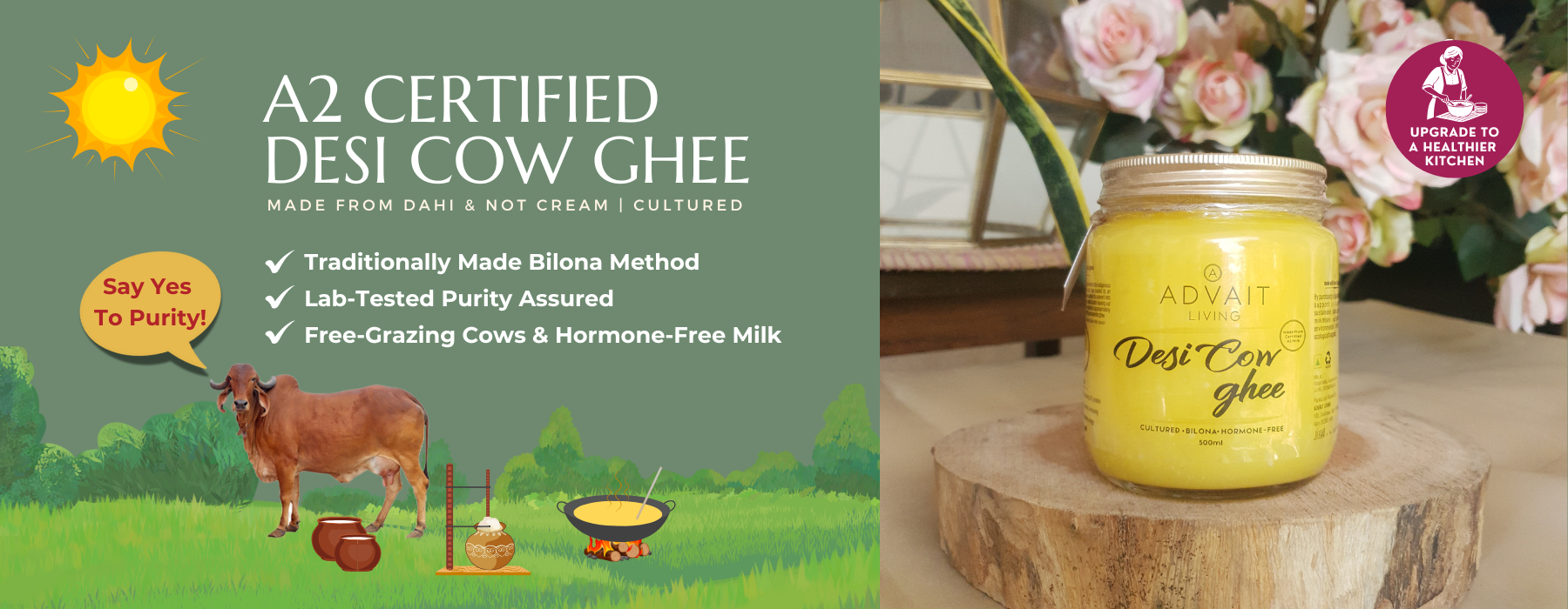 Yellow jar of 'Desi Cow Ghee' on a wooden surface with a green background featuring cow and ghee illustrations.