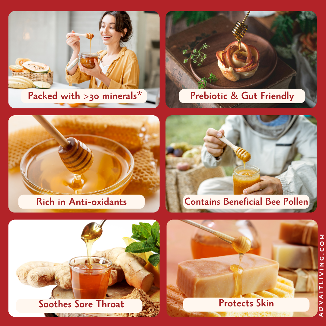 Infographic showing the six benefits of using Advait Living Raw Sunflower Honey