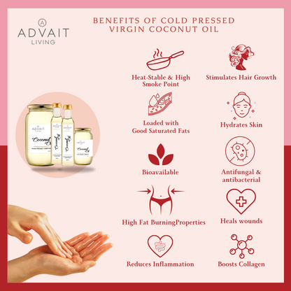Infographic showing the benefits of wood-pressed coconut oil