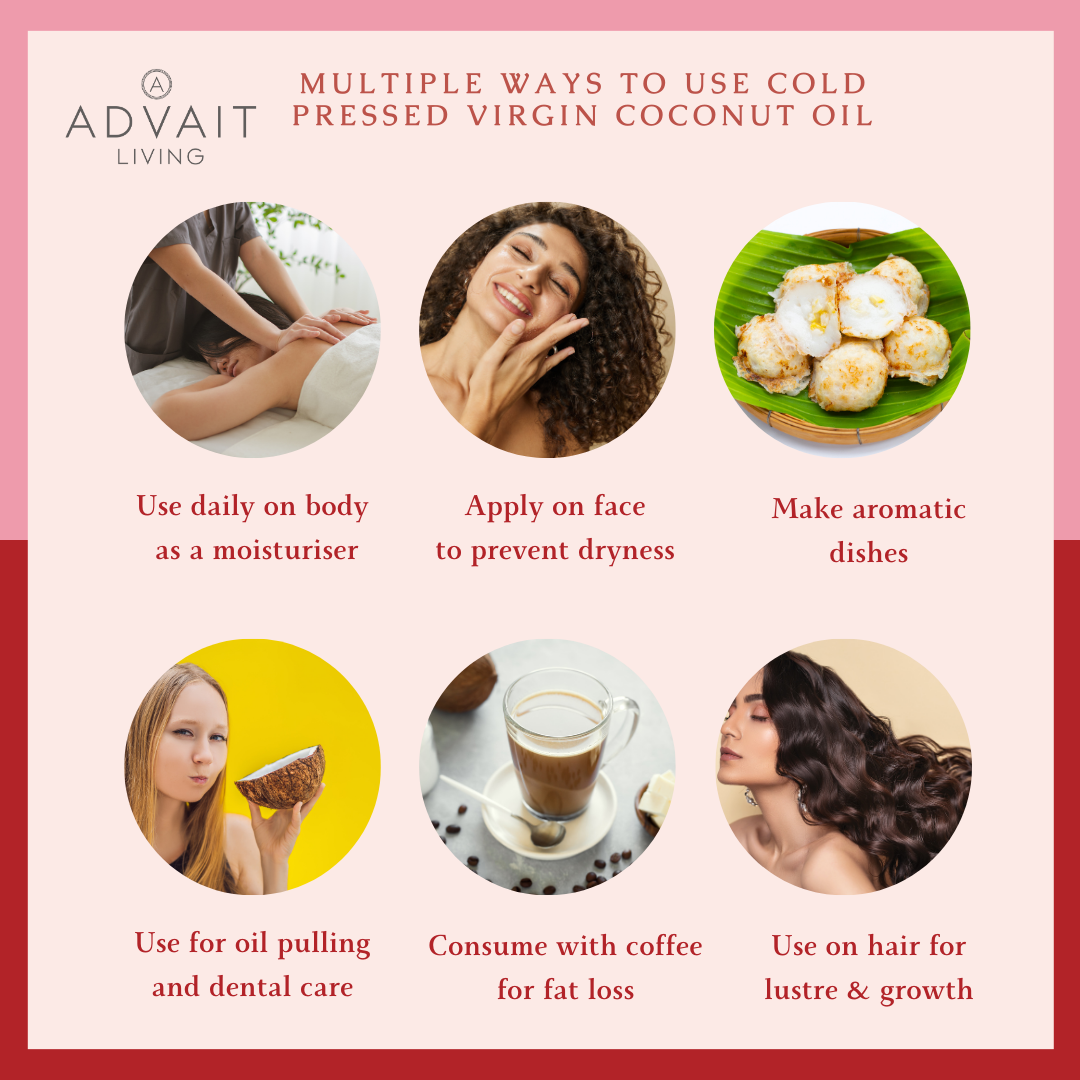 Infographic showing the different uses of Advait Living Cold-Pressed Virgin Coconut Oil