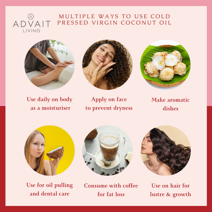 Infographic showing the different uses of Advait Living Cold-Pressed Virgin Coconut Oil
