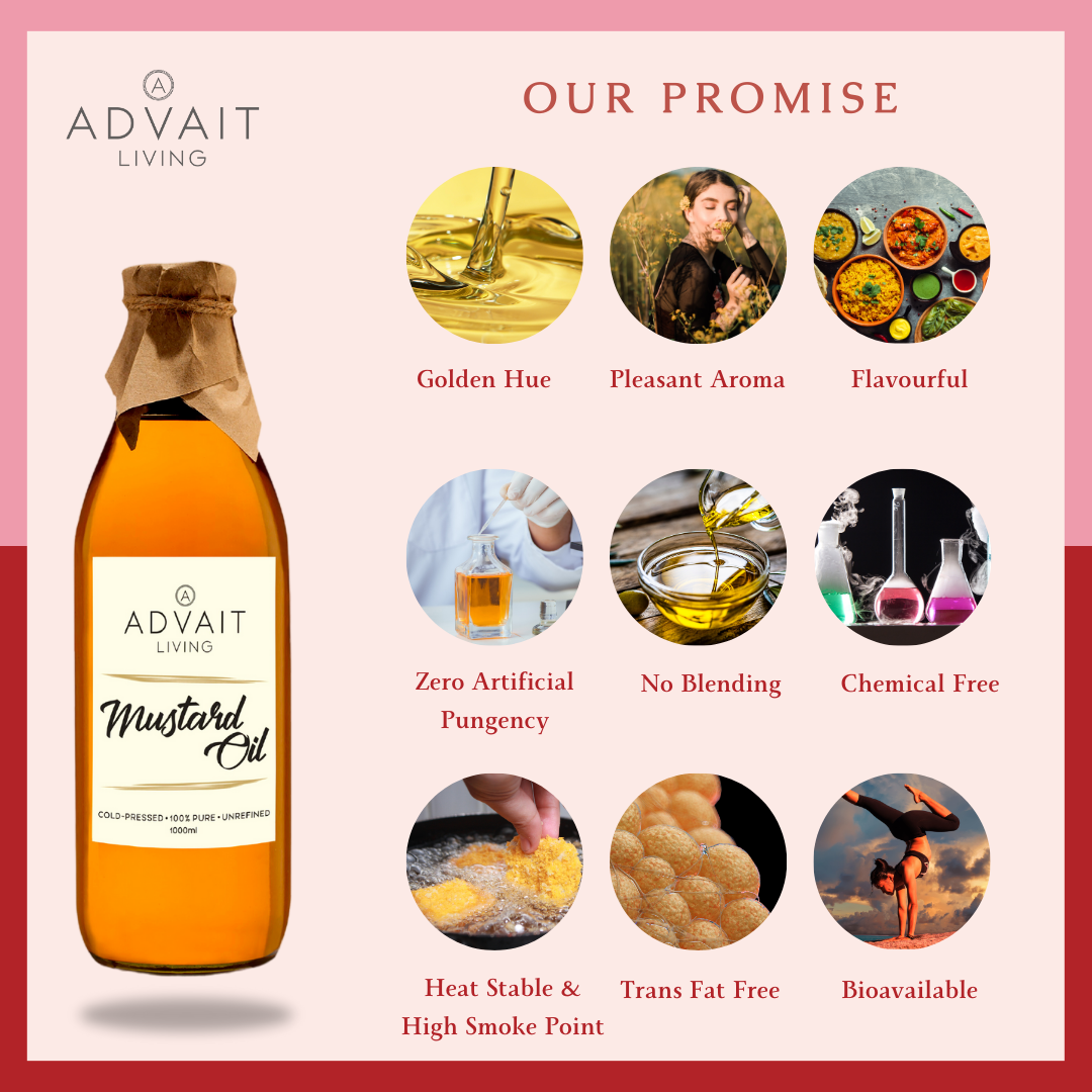 Infographic titled "Our Promise" showing 9 features of Advait Living Cold Pressed Mustard Oil