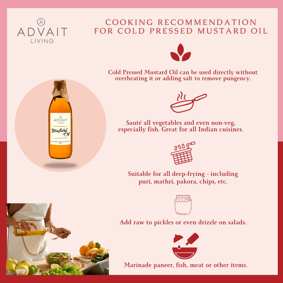 Infographic showing the various uses of Advait Living Cold Pressed Mustard Oil