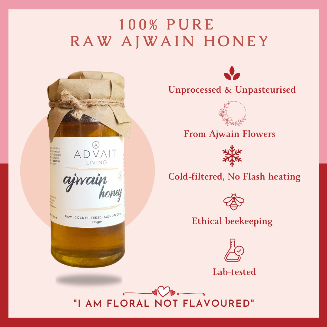 Infographic highlighting the unique features of 100% Pure Advait Living Raw Ajwain Honey. Unprocessed & Unpasteurised, From Ajwain Flowers, Cold-filtered & No Flash Heating, Ethical Beekeeping & Lab-tested.