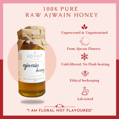 Infographic highlighting the unique features of 100% Pure Advait Living Raw Ajwain Honey. Unprocessed & Unpasteurised, From Ajwain Flowers, Cold-filtered & No Flash Heating, Ethical Beekeeping & Lab-tested.