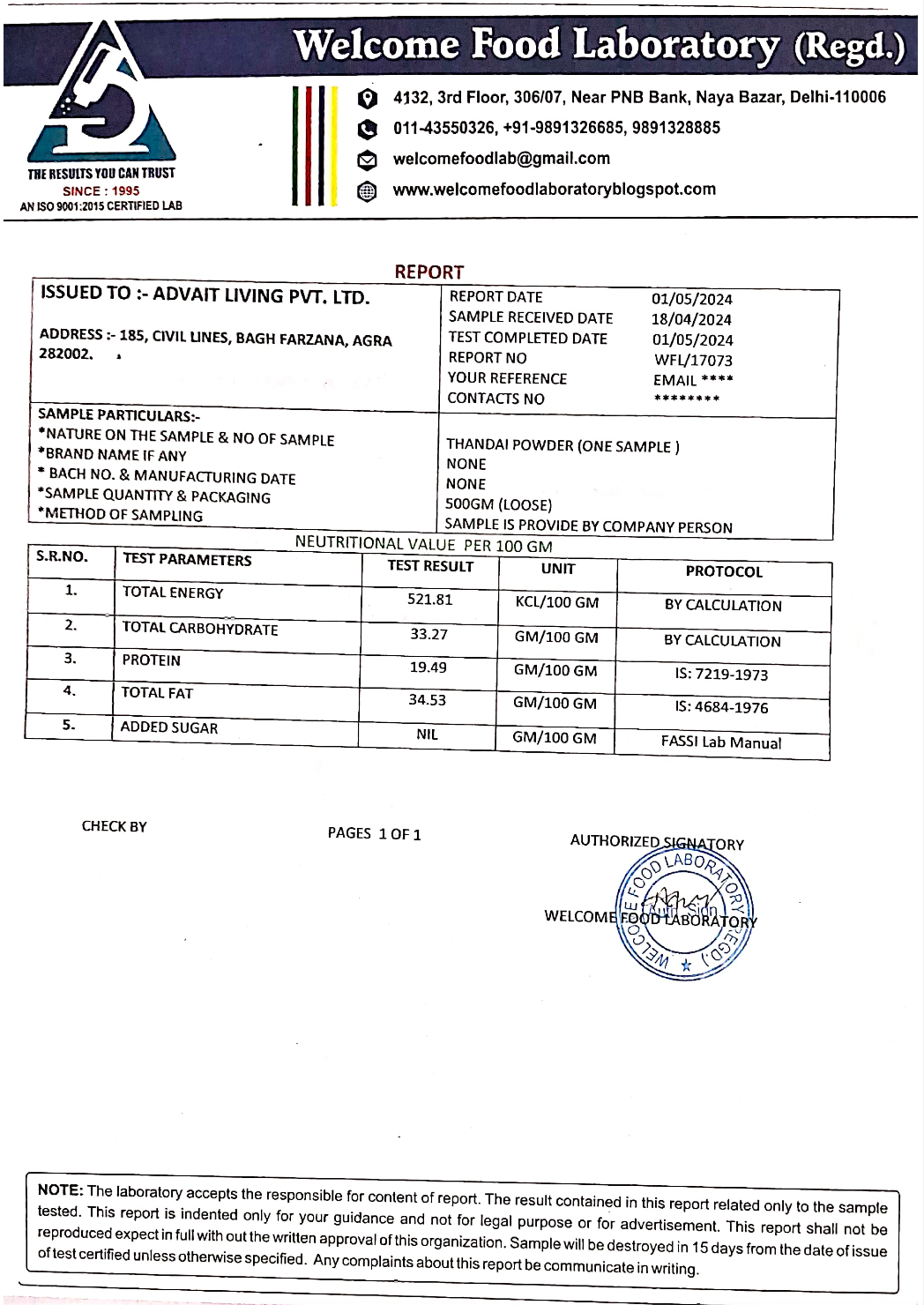 2024 Lab report of Thandai Powder showing total energy and other macronutrients present.