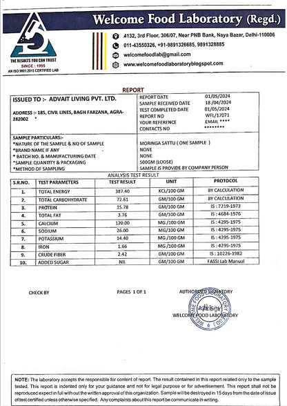 2024 Lab report of Advait Living Moringa Sattu Powder showing the total energy and individual nutrient composition.