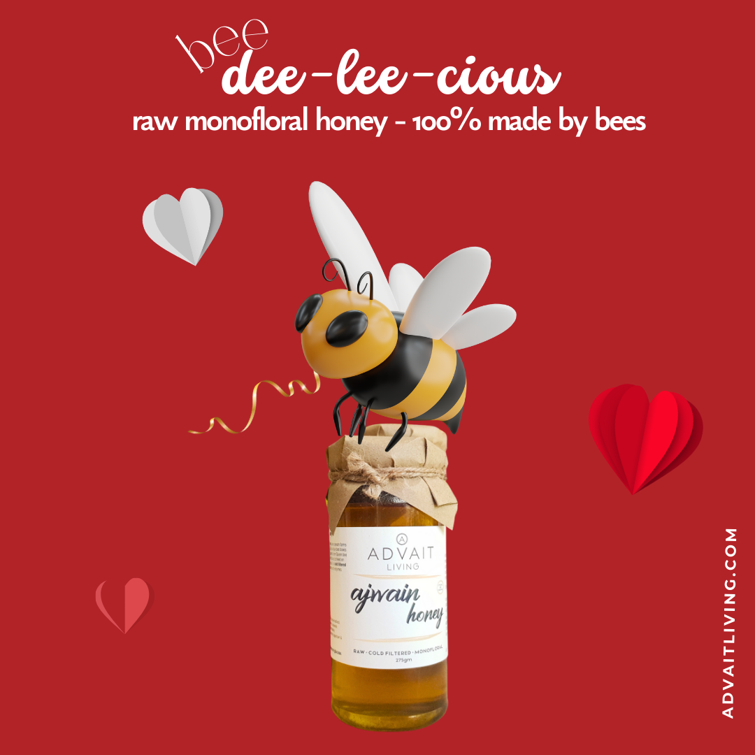Infographic saying delicious Raw Monofloral Honey - 100% Made by Bees. There is a bottle of 275g Raw Ajwain honey with a bee on top.
