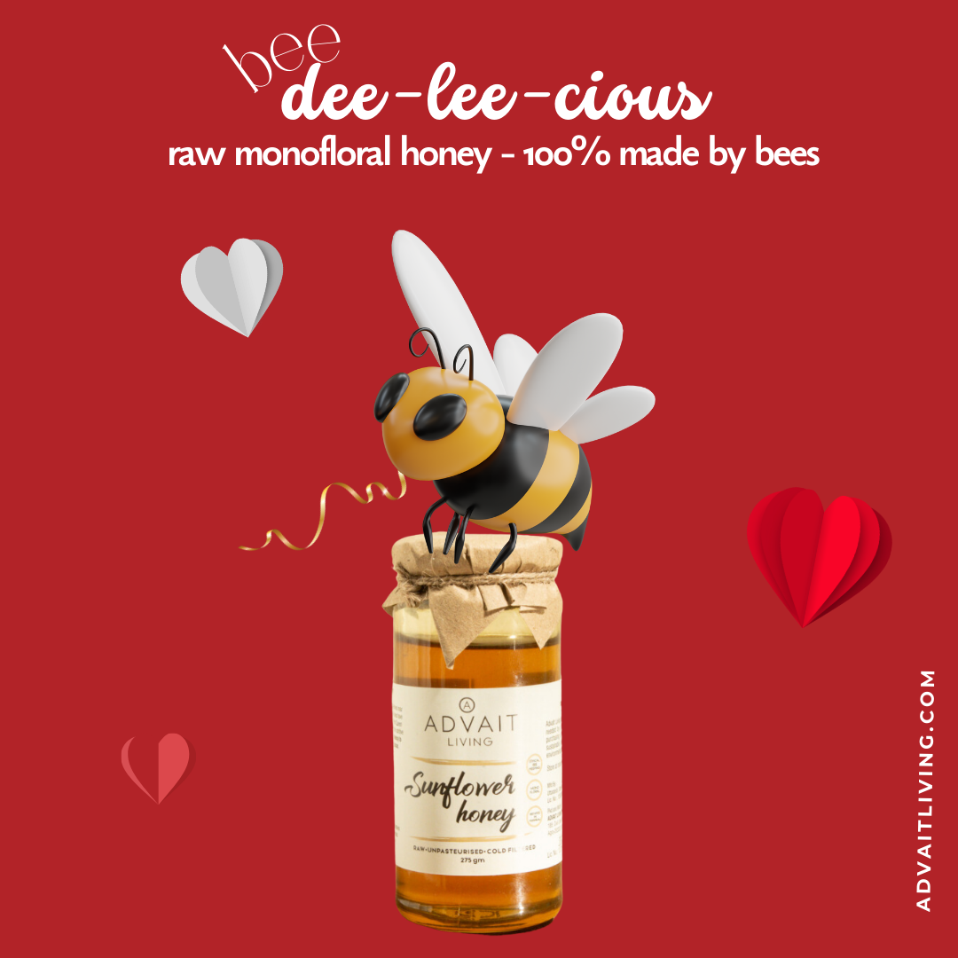 Infographic saying delicious Raw Monofloral Honey - 100% Made by Bees. There is a bottle of 275g Raw Sunflower honey with a bee on top.