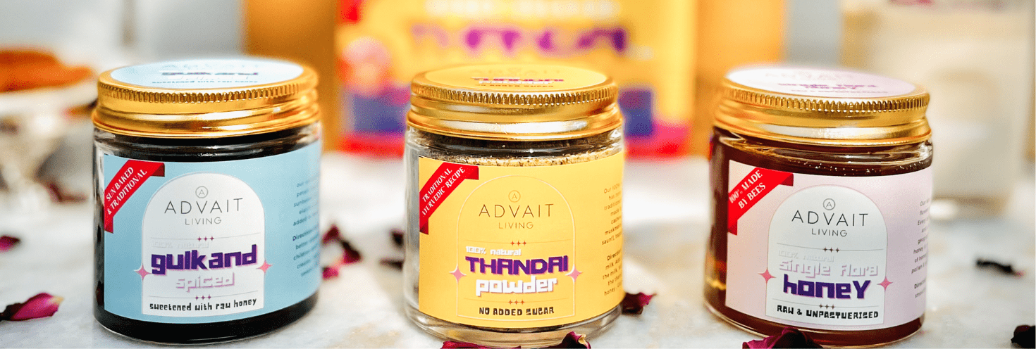 Thandai Powder, Gulkand and Honey Bottles