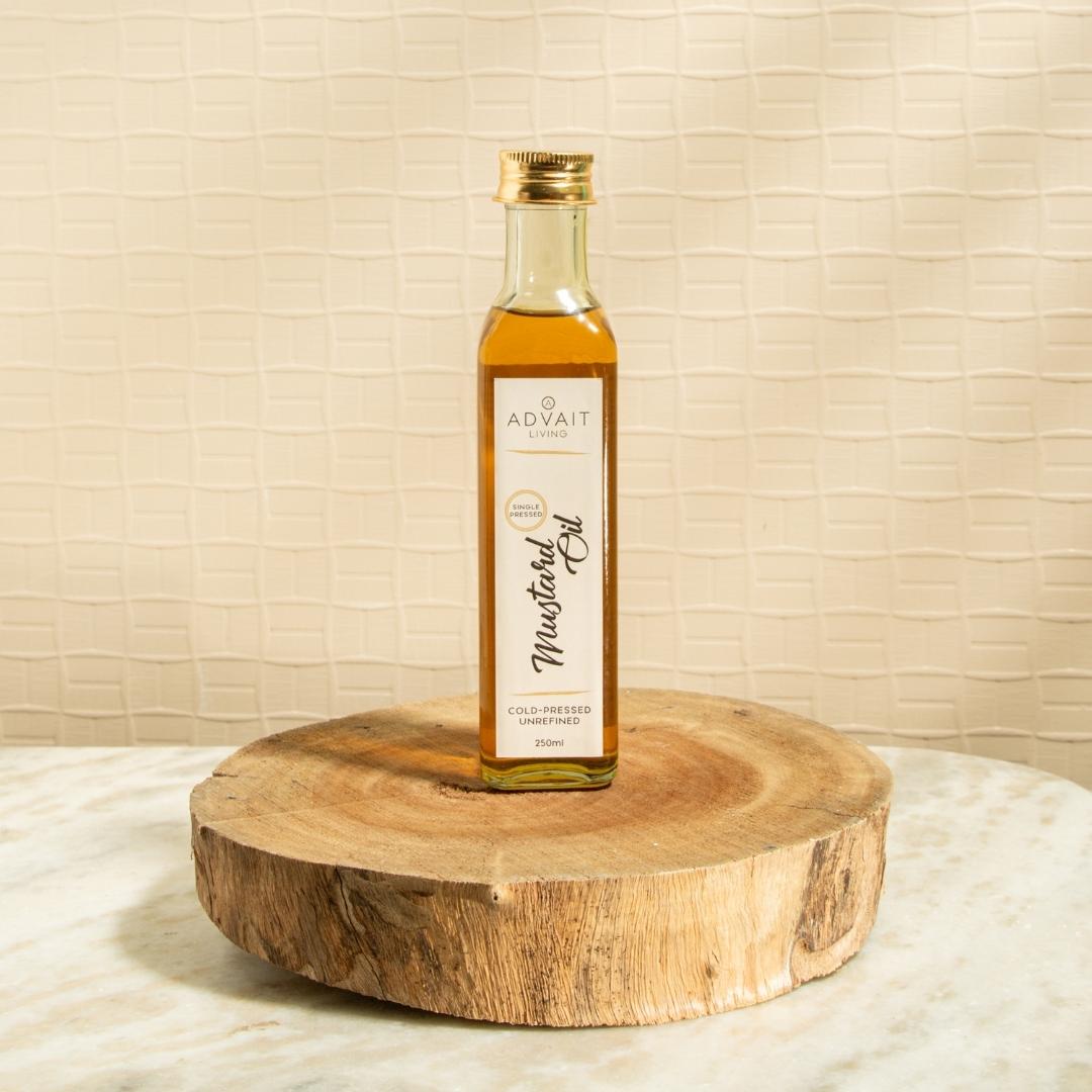 250 ml Cold Pressed Mustard Oil in a glass bottle