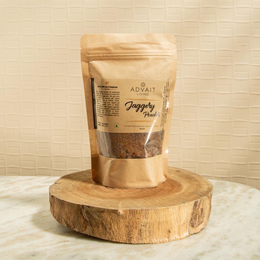 400 g packet of Advait Living Organic Jaggery Powder