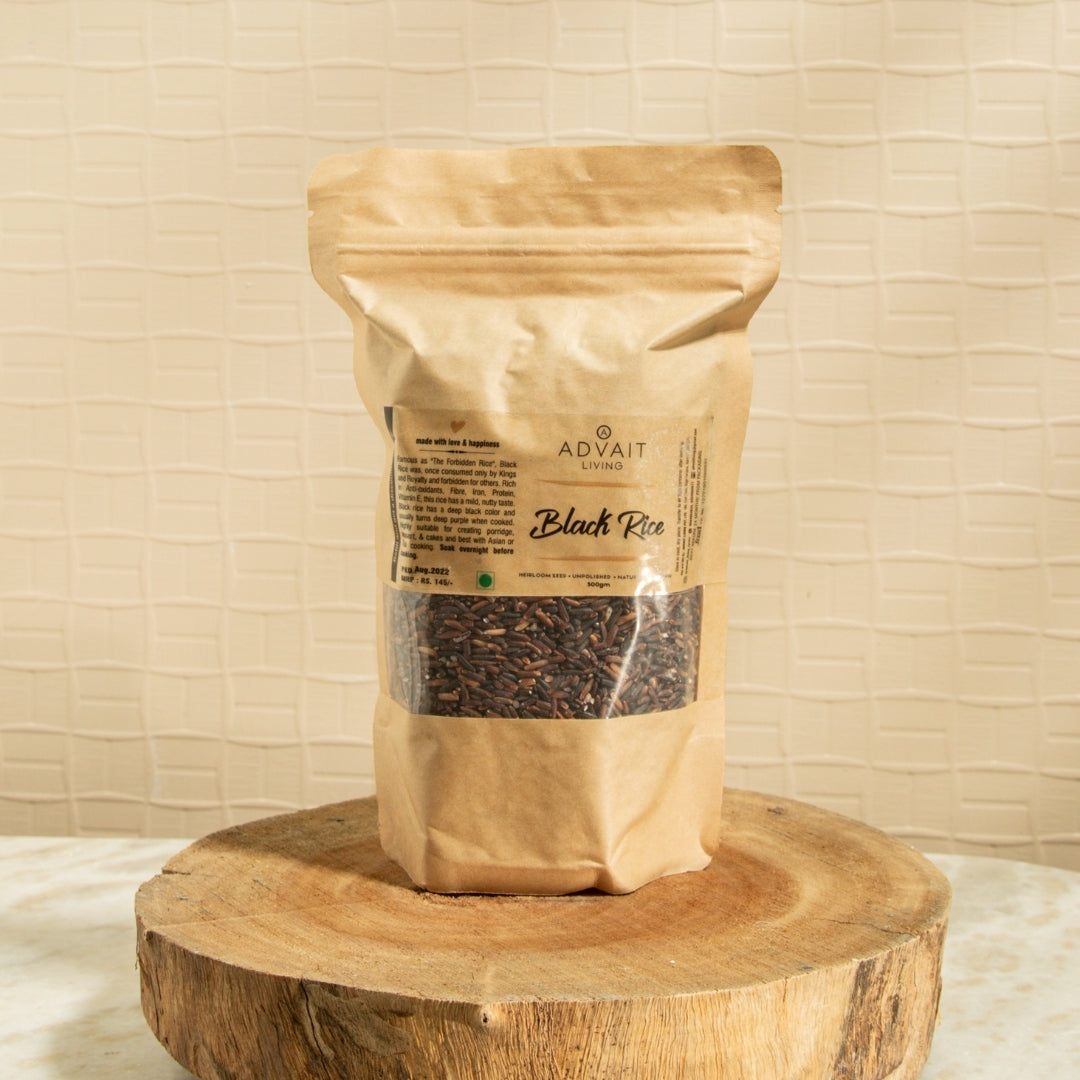 500 g packet of Advait Living Black Rice - Forbidden Rice - Kavuni Arisi