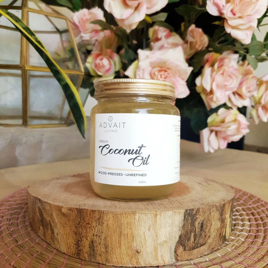 500 ml Advait Living Virgin Coconut Oil in a Glass Bottle