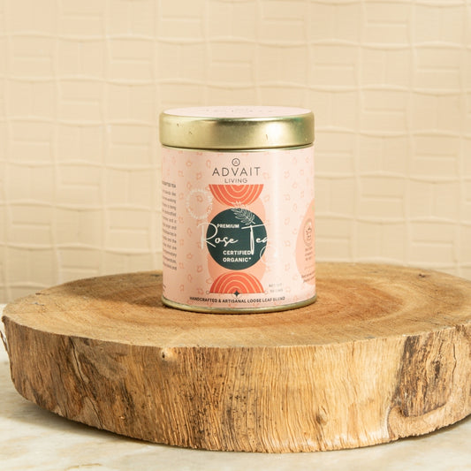 A 50 gm tin of Advait Living Premium Rose Tea. Certified Organic, Handcrafted & Artisanal Loose-Leaf Tea Blend.
