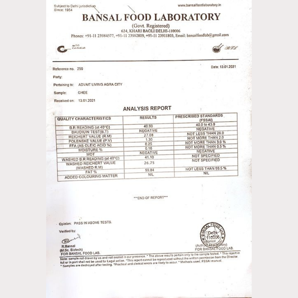 a2 cow ghee lab test report