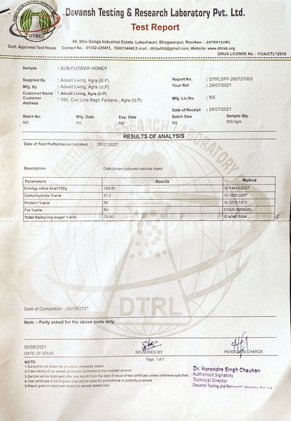 Lab Report from 2021 showing the results of the chemical analysis of Raw Sunflower honey sample.